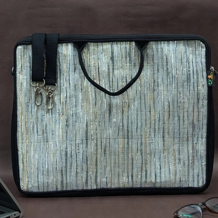 Shimmery Golden White Black Striped Upcycled Handwoven Laptop Sleeve 16 inch (LSB161124-005) PS_W