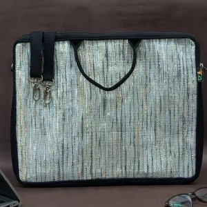 Shimmery Golden White Black Striped Upcycled Handwoven Laptop Sleeve 16 inch (LSB161124-005) PS_W
