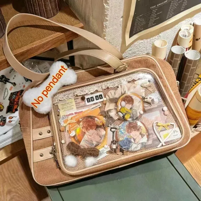 Sohiwoo Y2K Corduroy Casual Ita Bag Cute Womens Shoulder Bag Fashion Crossbody Bag Lolita Girl Transparent Bag DIY Display Handbag Purse