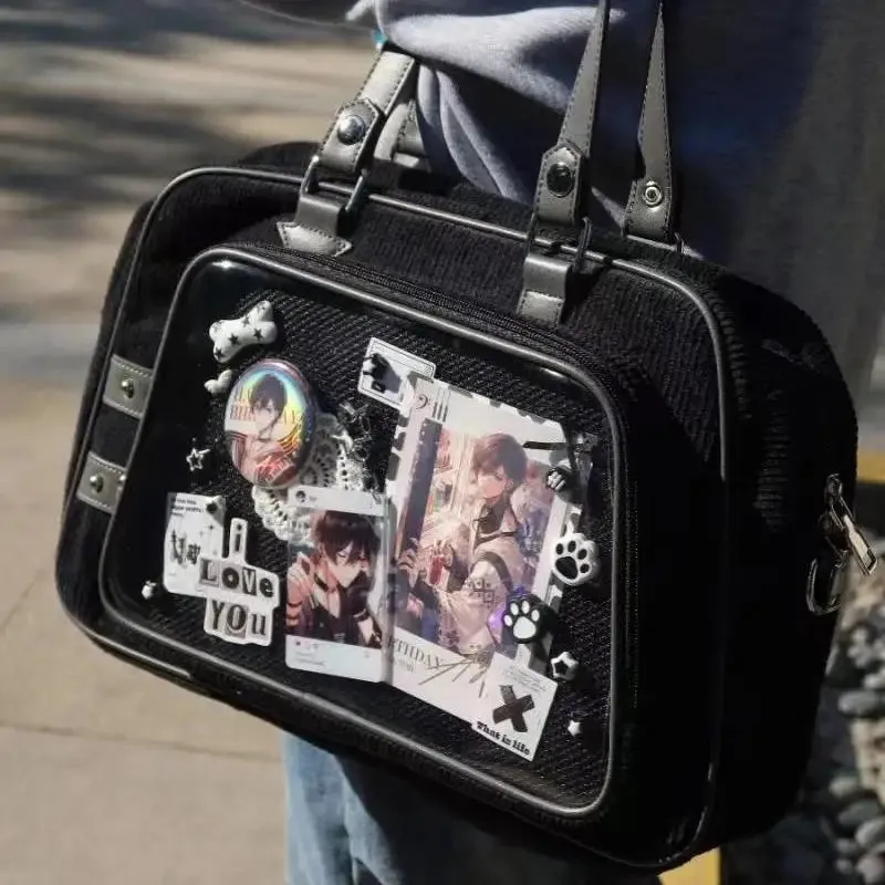 Sohiwoo Y2K Corduroy Casual Ita Bag Cute Womens Shoulder Bag Fashion Crossbody Bag Lolita Girl Transparent Bag DIY Display Handbag Purse