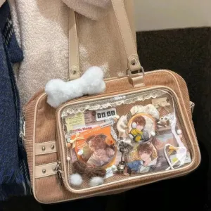 Sohiwoo Y2K Corduroy Casual Ita Bag Cute Womens Shoulder Bag Fashion Crossbody Bag Lolita Girl Transparent Bag DIY Display Handbag Purse