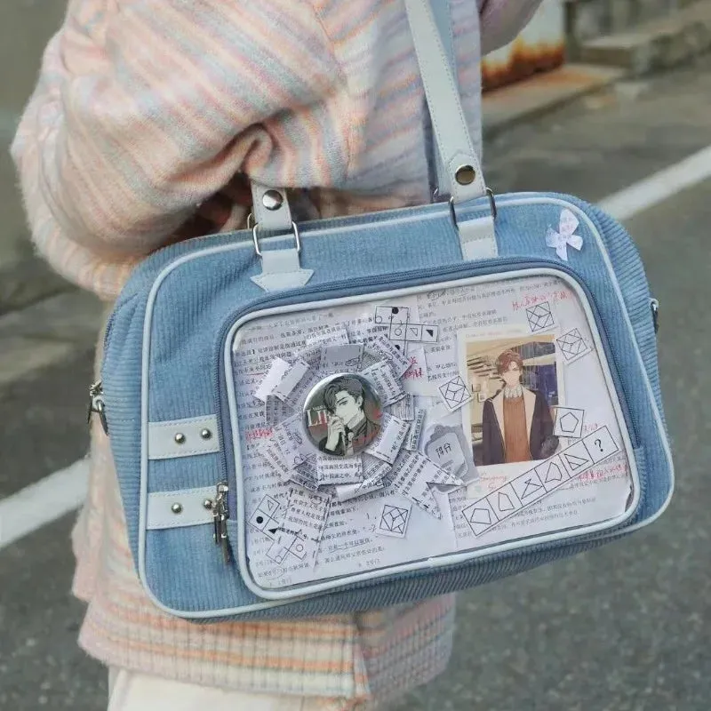 Sohiwoo Y2K Corduroy Casual Ita Bag Cute Womens Shoulder Bag Fashion Crossbody Bag Lolita Girl Transparent Bag DIY Display Handbag Purse