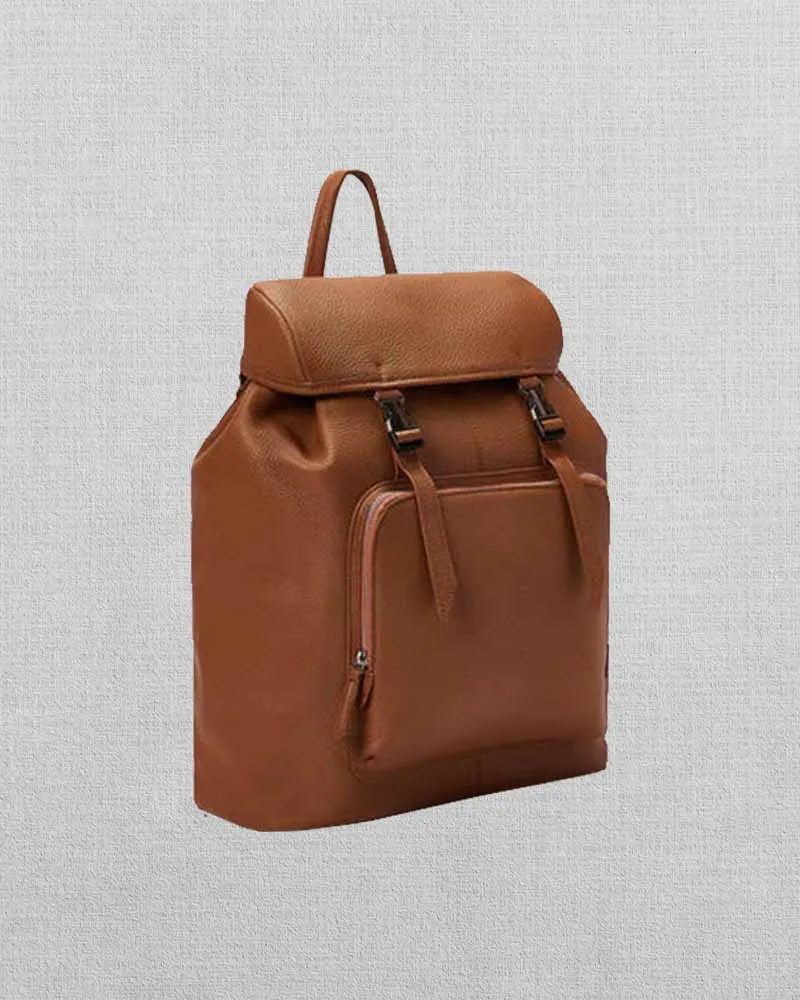TAN LARGE LEATHER BACKPACK WITH BUCKLE CLOSURE