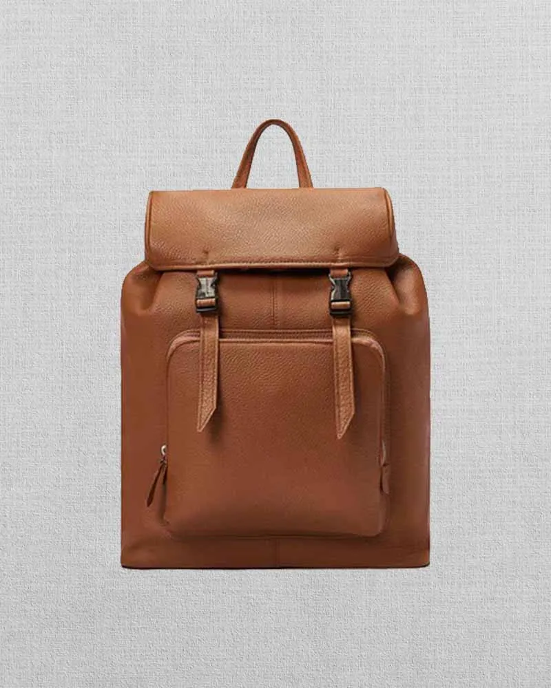 TAN LARGE LEATHER BACKPACK WITH BUCKLE CLOSURE