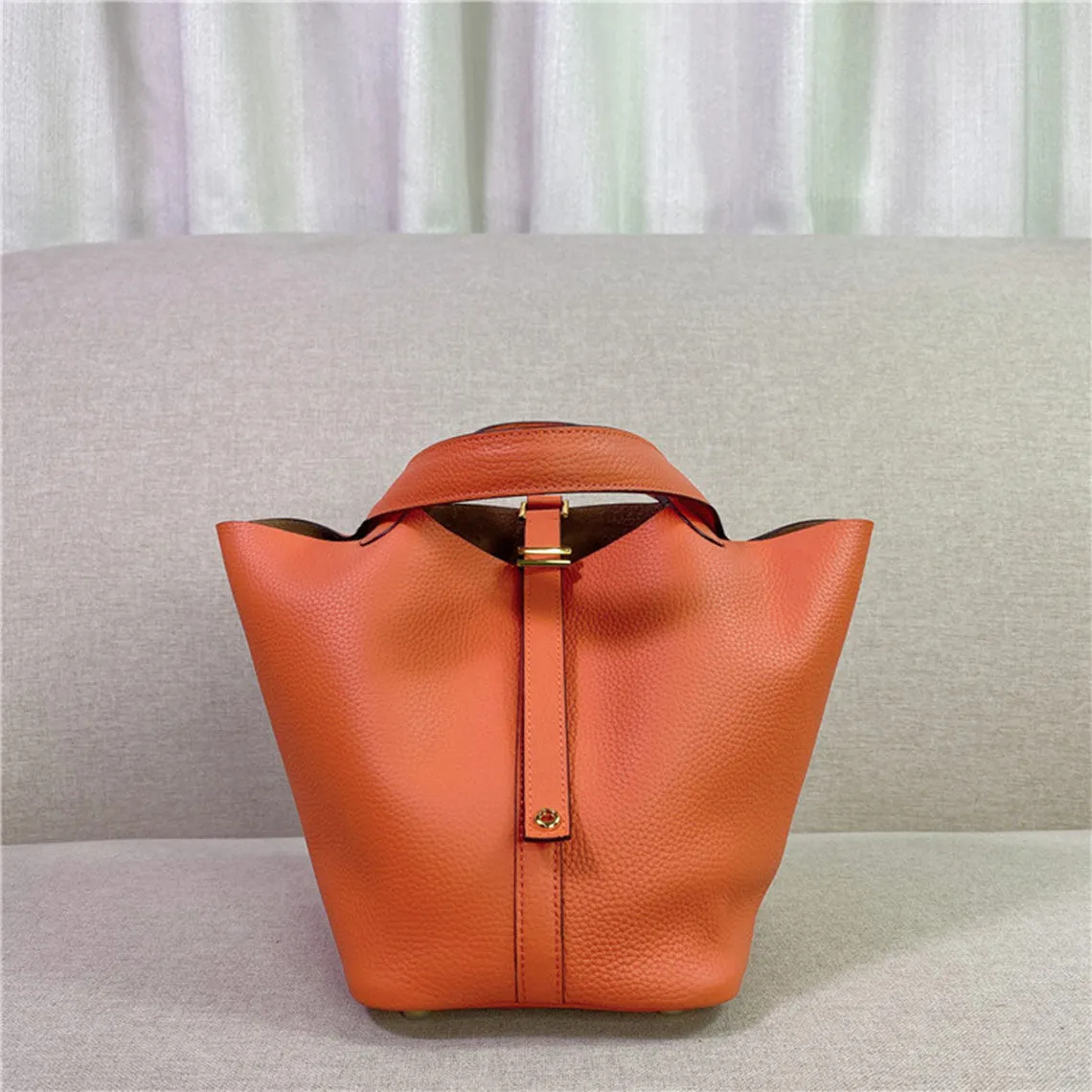 Top Grain Leather Inspired Picotin Lock Bag | Silver/Gold-tone Hardware