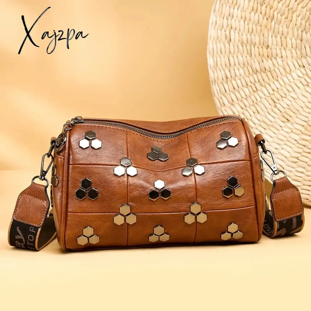 Vintage Rivet Leather Women Handbag and Purse Fashion Boston Pillow Crossbody Bag Large Capacity Female Designer Shoulder Bag
