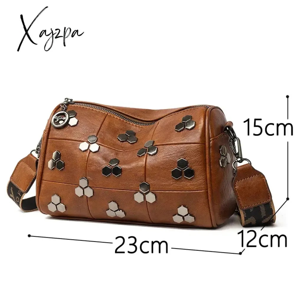 Vintage Rivet Leather Women Handbag and Purse Fashion Boston Pillow Crossbody Bag Large Capacity Female Designer Shoulder Bag