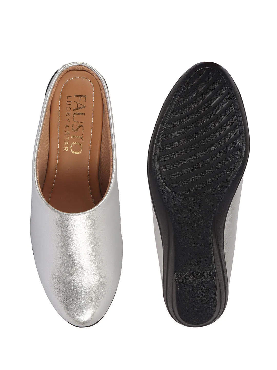 Women Silver Shimmery Platform Wedge Heel Back Open Slip On Shoes for Party|Formal Dress Ballerina|Lightweight All Day Formal Shoes