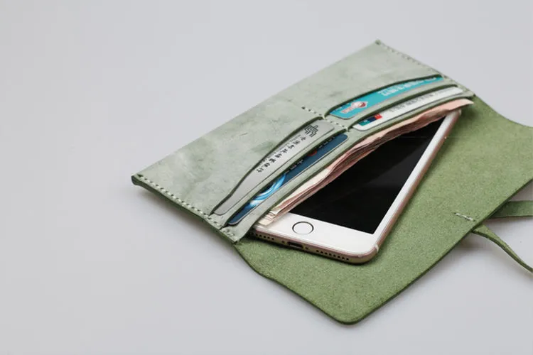 Womens Green Leather Slim Long Wallets Clutch Purses for Women