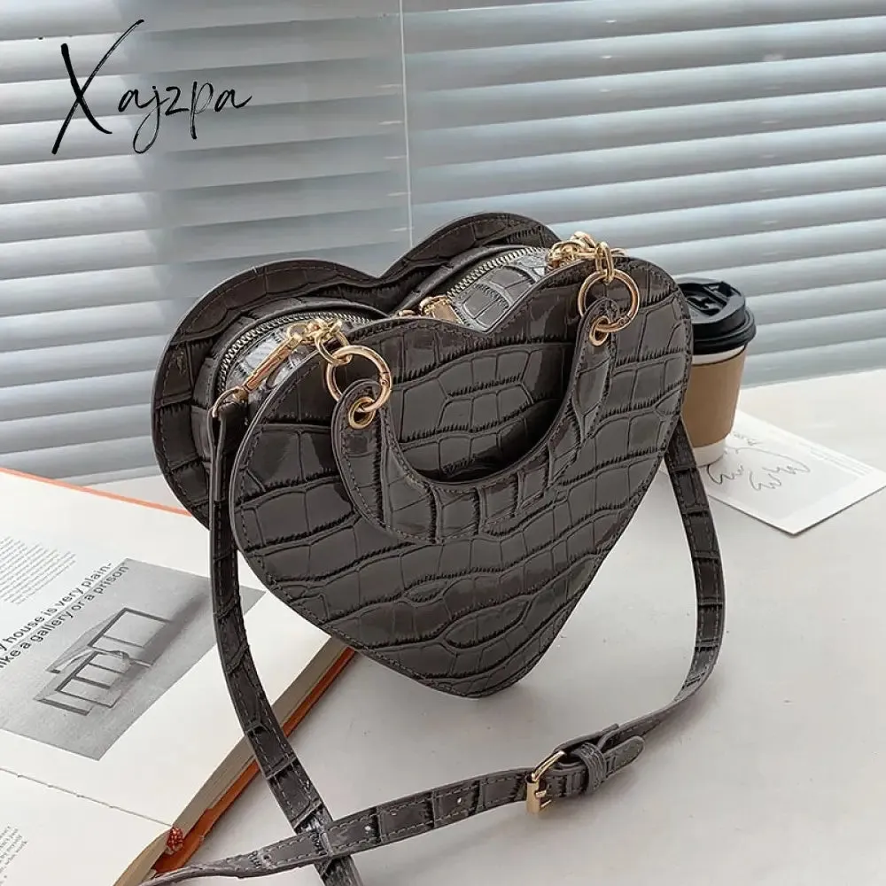 Xajzpa - Brand Heart Tote Bag For Women Stone Pattern PU Leather Crossbody Bags Female Small Shoulder Bags Cute Purse Handbags